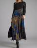 Women's Long Sleeve Black Top with Printed Maxi Skirt Dress, Bohemian Floral Geometric Pattern, Multiple Color Options