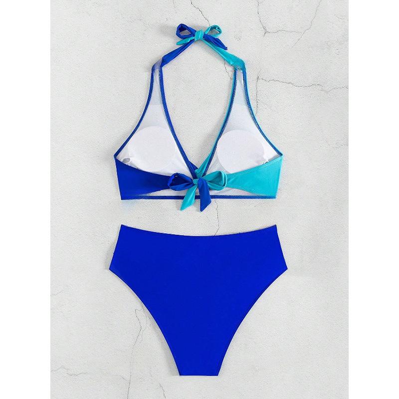 Women's European & American Color Block Backless High Waist Bikini Set