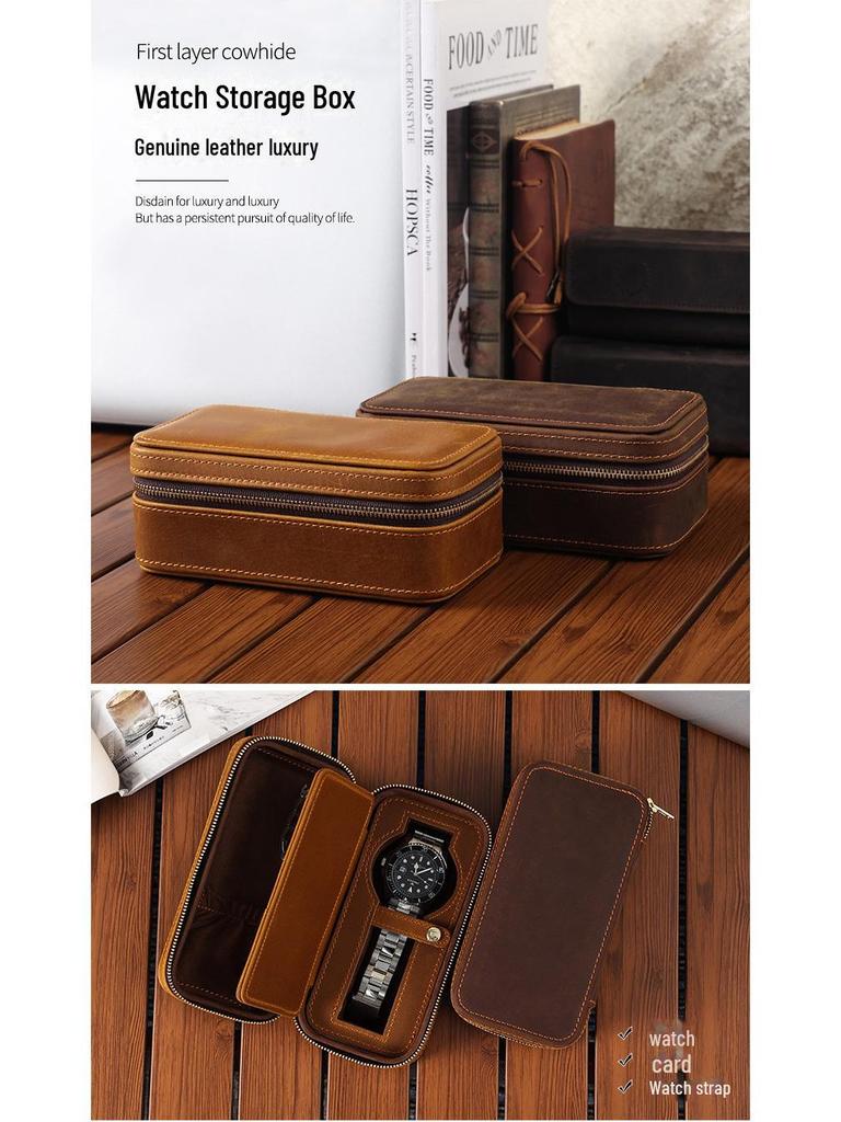 Vintage Crazy Horse Leather Travel Watch Box - Genuine Leather Zippered Storage for Single Watch