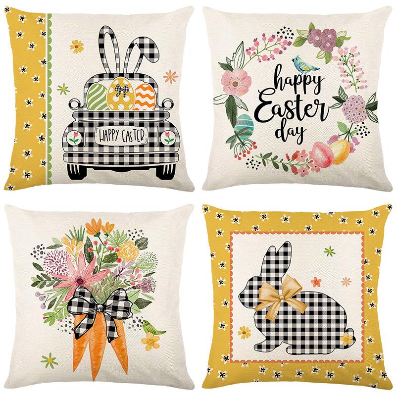 Cartoon Black and White Plaid Rabbit Print Pillow Cover Western Easter Home Living Room Cushion Cover Pillow