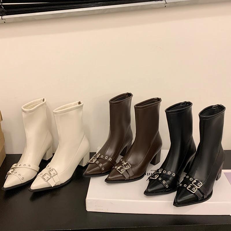 High Heeled Ankle Women's Boots 2024 New Pointed Velvet Sexy Women's Shoes Zipper Classic Japanese Boots Women's Boots Botas