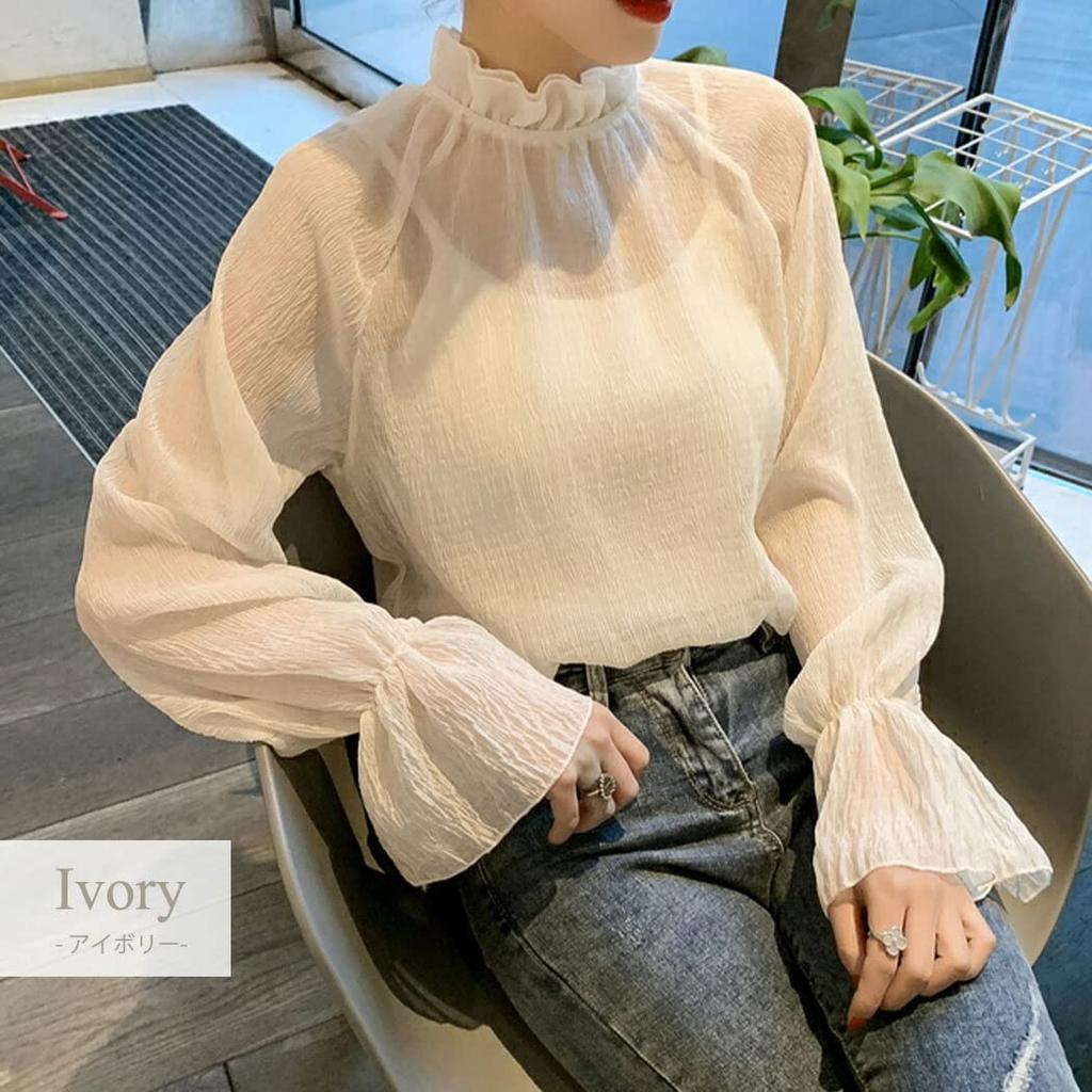 DAYCLOSET Long Sleeve Sheer Blouse with Ruffles and High Lightweight and Loose Perfect for Spring and Autumn Women's See-Through Neck, Sheer, Fit,