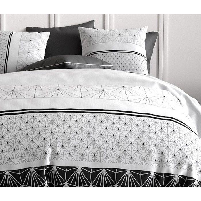 Parure De Lit - Housse Couette + 2 Taies - 260 X 240 Cm - Graphique Noir Et Blanc - 100% Coton Doux