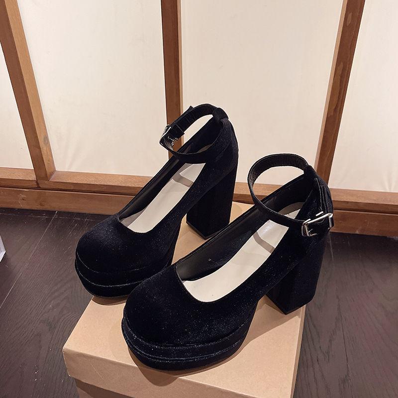Fashion Platform Women Mary Jane Shoes Fashion Elegant Cross Strap Thick Heeled Shoes Spring Ladies College Style Suede Dress Pumps