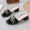 Fashion New Style Women's Slippers Fashion Square Toe Open Toe Metal Chain High Heels 2024 Casual Black Square Heel Slip-on Flip Flops