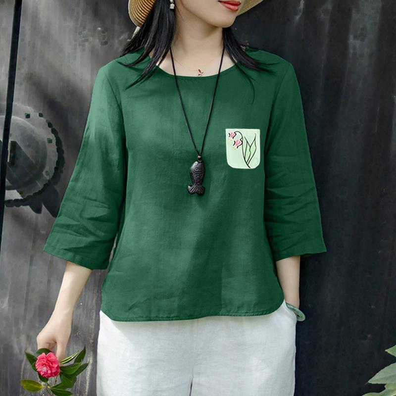 ZANZEA Women Casual Round Neck Loose 3/4 Sleeve Cotton Blouse