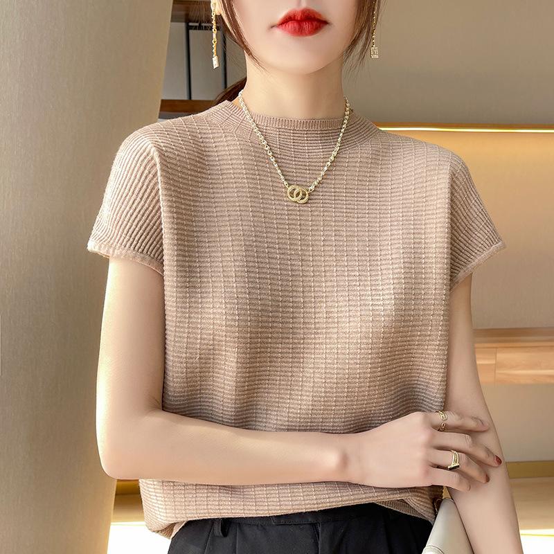 IHUASU Women's Short-sleeved T-shirt Spring and Summer Loose Thin O-neck Knitted Bottoming Shirt Tops