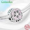 KATAOKA 925 Sterling Silver Pink Crystal Spring Flower Charm Beads Fits Original European Women Bracelet Bangle DIY Jewelry