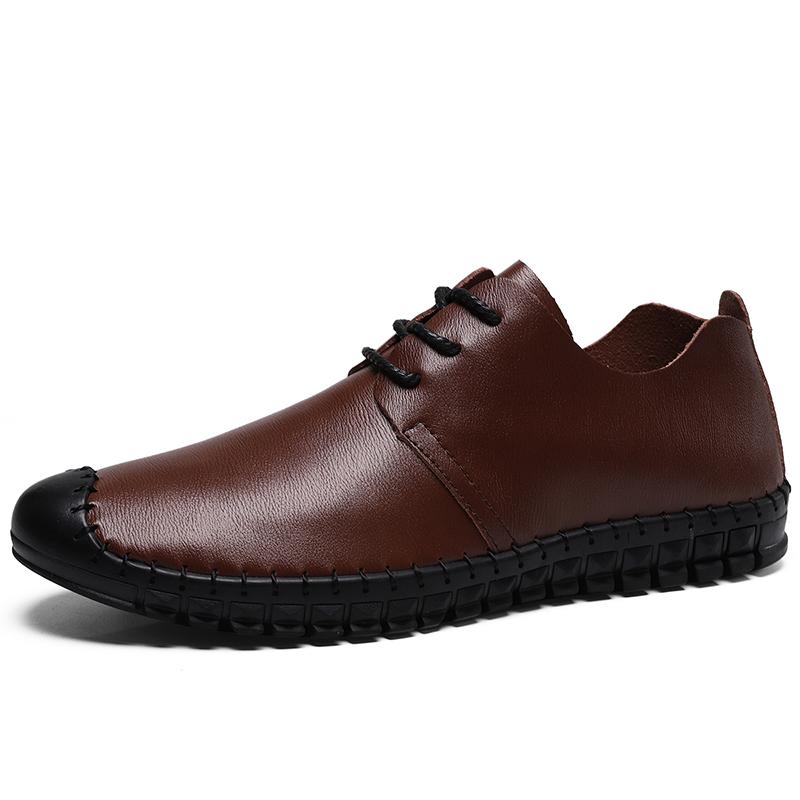 Men's Handmade Sewn Leather Shoes Comfortable Anti Slip Flat Bottom Daily Office Outdoor Leisure Walking Breathable Men's Shoes