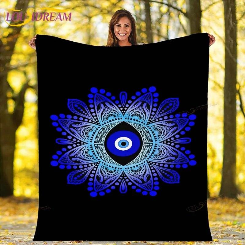 Evil Eye Blanket Turkish Nazar Spiritual Art Blanket Vintage Mid Century Flannel Blanket Sofa Chair Throw Blanket Travel Blanket