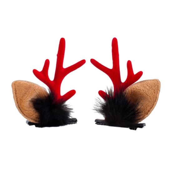 1 Pair Reindeer Antler Hair Clips for Christmas Fluffy Ear Headband with Pom Poms Festive Girls Hair Accessories Gift for Women Kids