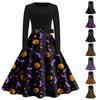 Women Halloween Print Flare Dress Long Sleeve O-Neck Dress Party Casual Dresses