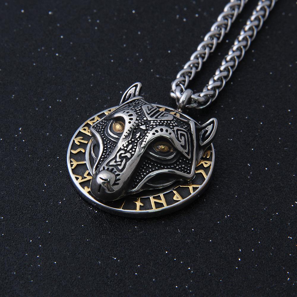 Hot Sale 316L Skull Fire Viking Hugin Munin Runes Fashion Jewelry Pendant Necklace Stainless Steel Wolf Symbol Men Accessories