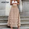 Women Pleated Long Skirts Ruffles Design Elegant Sexy Mesh Lace Loose Skirts Solid Mesh Patchwork Gauze Party Attire
