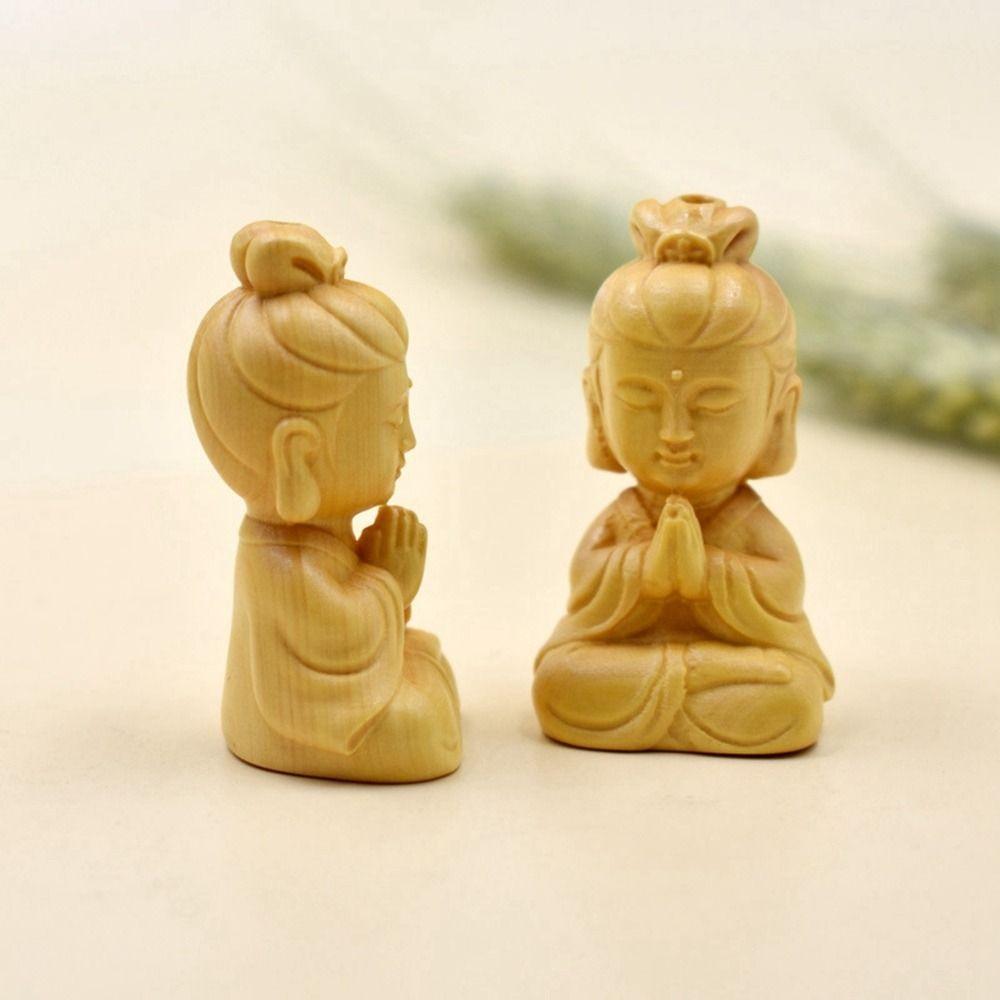 Cute Small Baby Buddha Boxwood Carved Home Decor Handicraft Key Chain Pendant Car Ornament Little Monk Figurines Buddha Statue