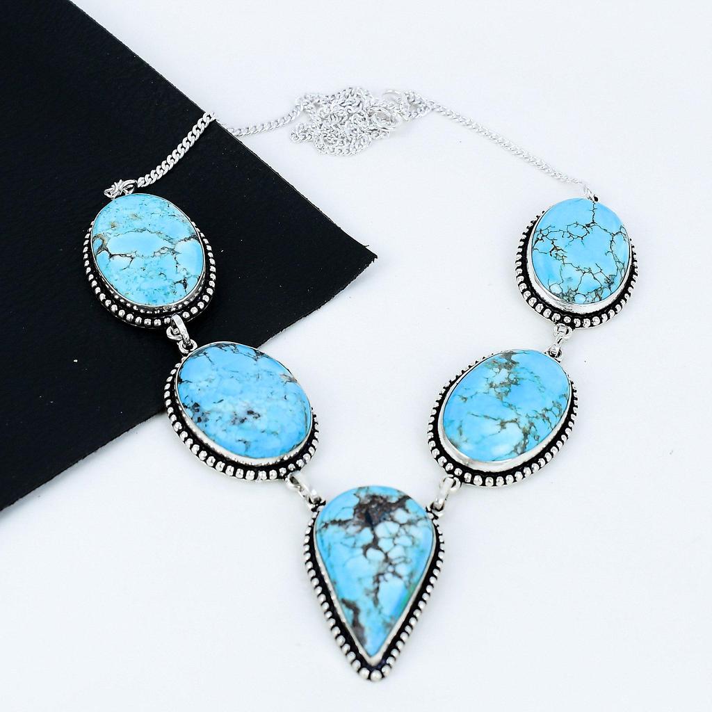 Tibetan Turquoise Real Gemstone Handmade 925 Sterling Silver Necklace, Silver Gemstone Necklace, Turquoise Necklace For Women, For Gifts
