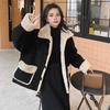 Women Winter Jacket Retro Fleece Contrast Color Thickened Plush Outerwear High Collar