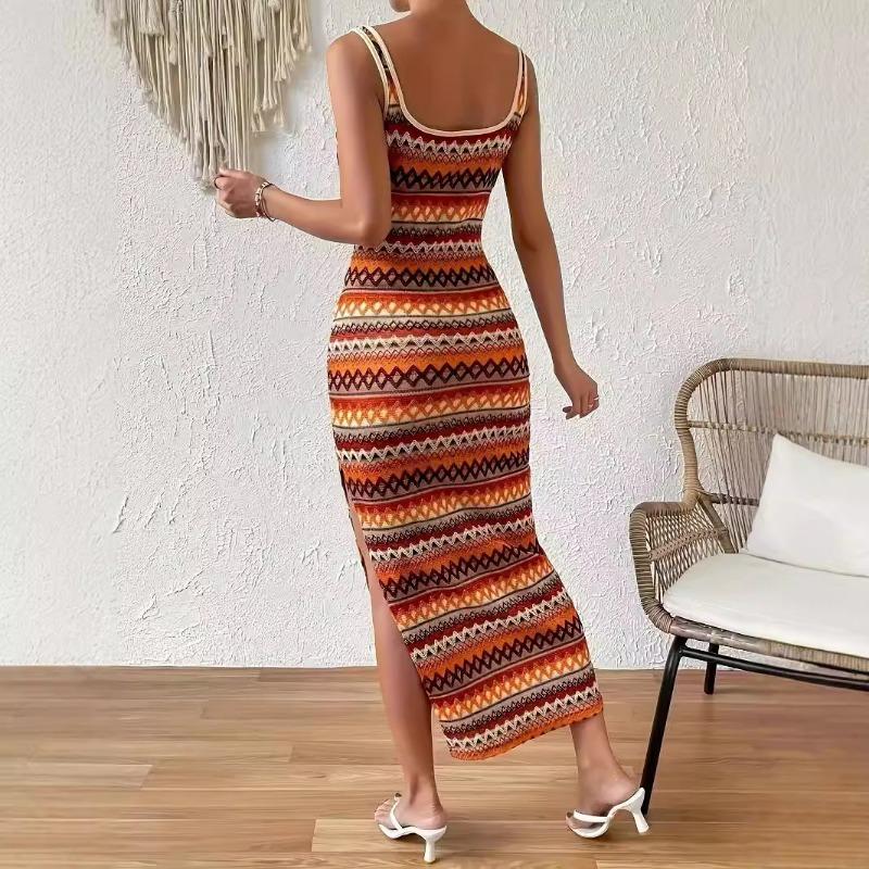 Spring Women's Personality Street Fashion Casual Striped Sleeveless Square Neck Dress