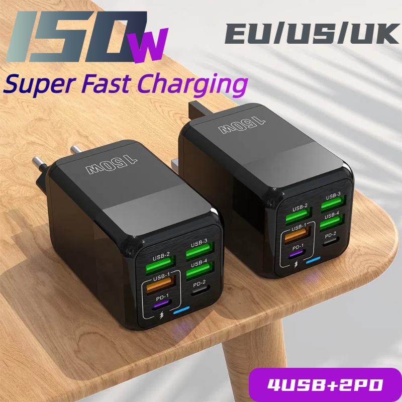 150W Ultra Fast Charger 6 Ports PD QC 3.0 Cable 6A Super High Speed Fast Charger EU US UK Plug For iPhone Samsung