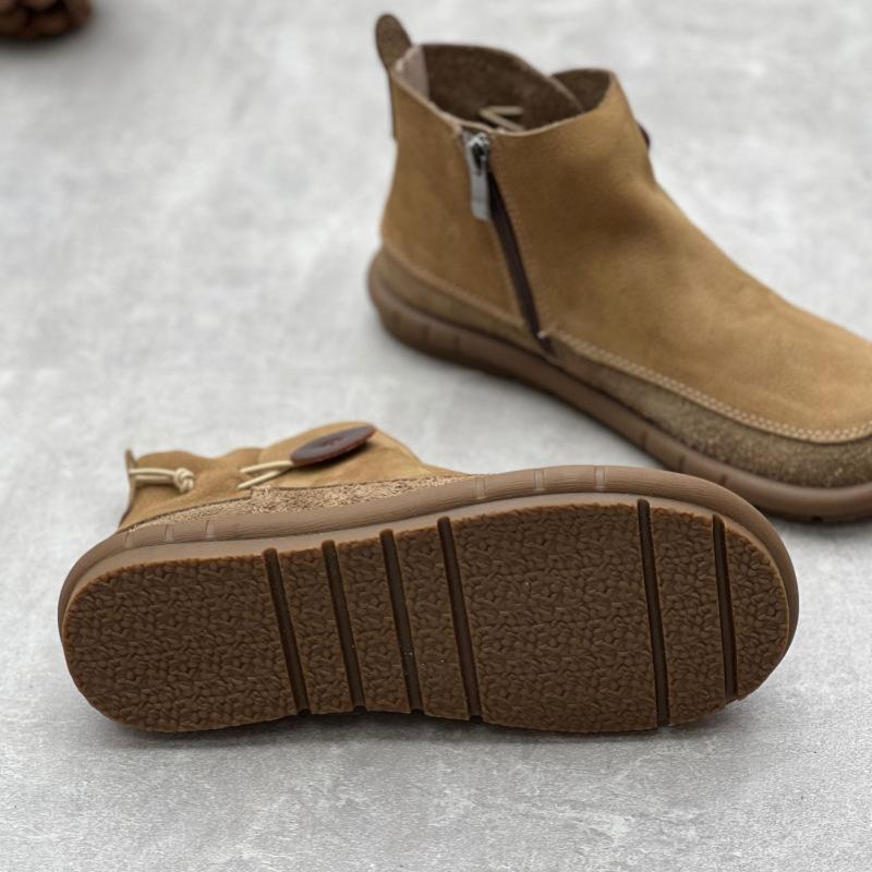 Johnature Retro Women Flat Short Boots Genuine Leather Shoes Handmade Round Toe Solid Color Ankle Boots