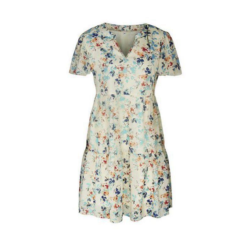 Floral Dress Women Spring Autumn V Neck Short Sleeve Loose Chic Printed S-XL