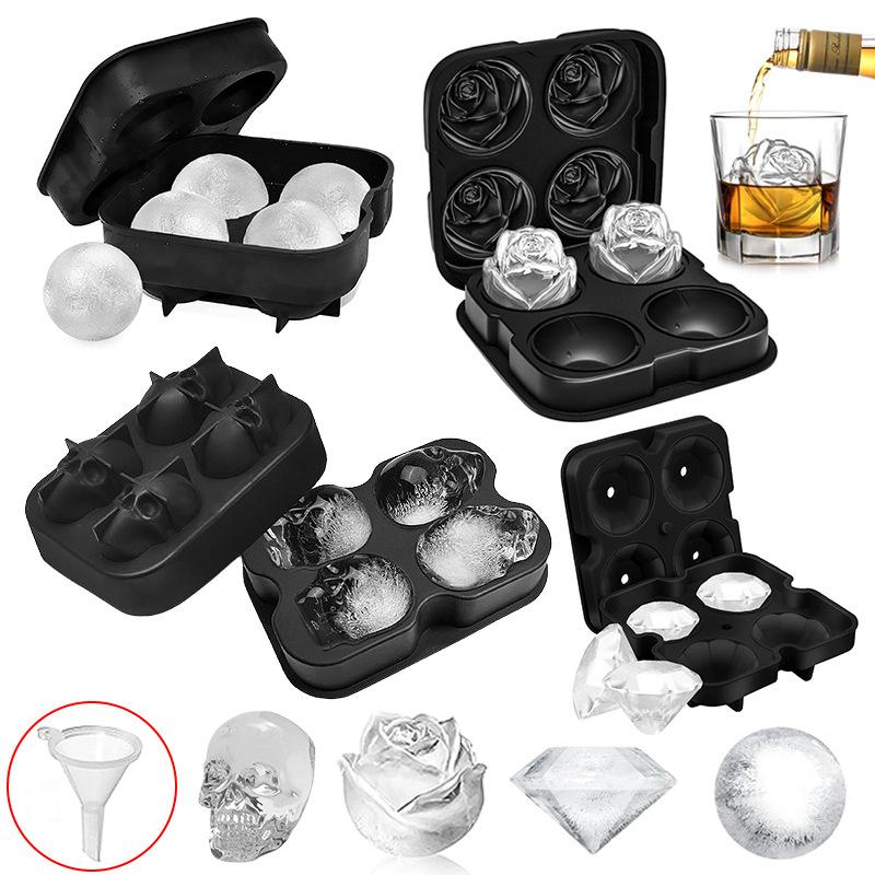 Ice Cube Trays Rose Ice Maker 3D Ice Ball Mold Halloween Skull Chocolate DIY Tool Diamond Silicone Moulds With Funnel
