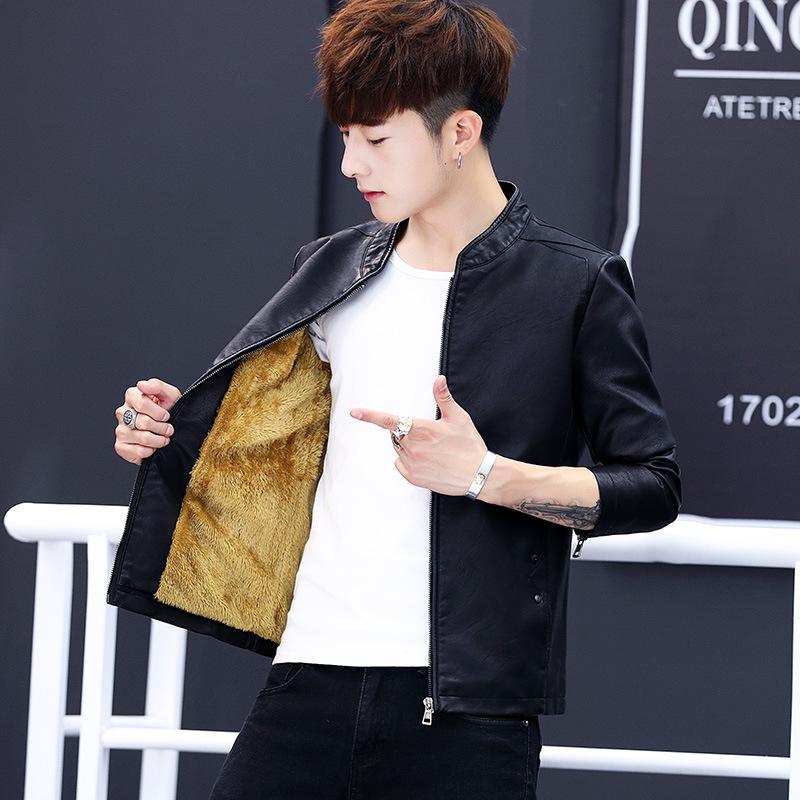 Men's Leather Jacket Spring and Autumn Middle and Young Motorcycle Style Trendy PU Leathe Jacket Plu Velvet Thickened Slim Stand Collar Jacket for Men