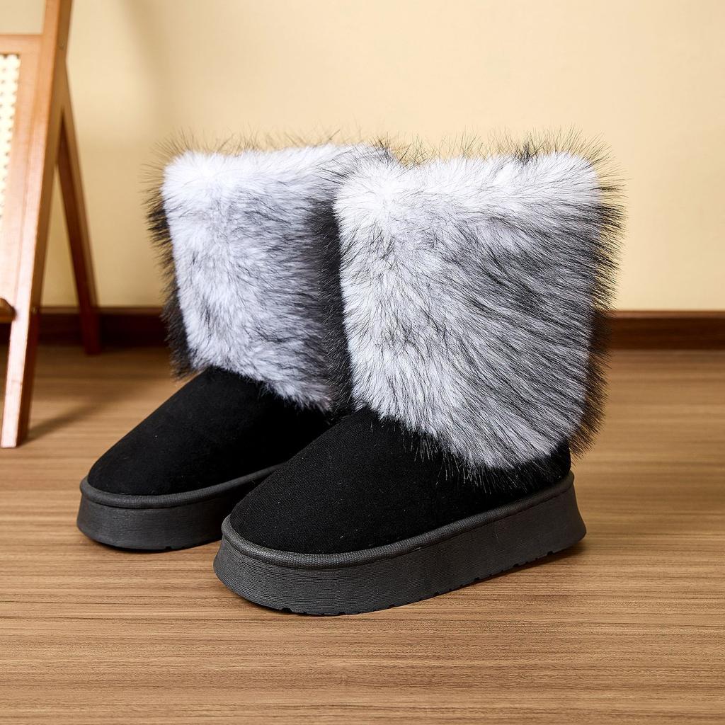 Autumn Winter Thick-soled Long-haired Cotton Slippers for Warmth, Mid-tube Snow Boots for Women