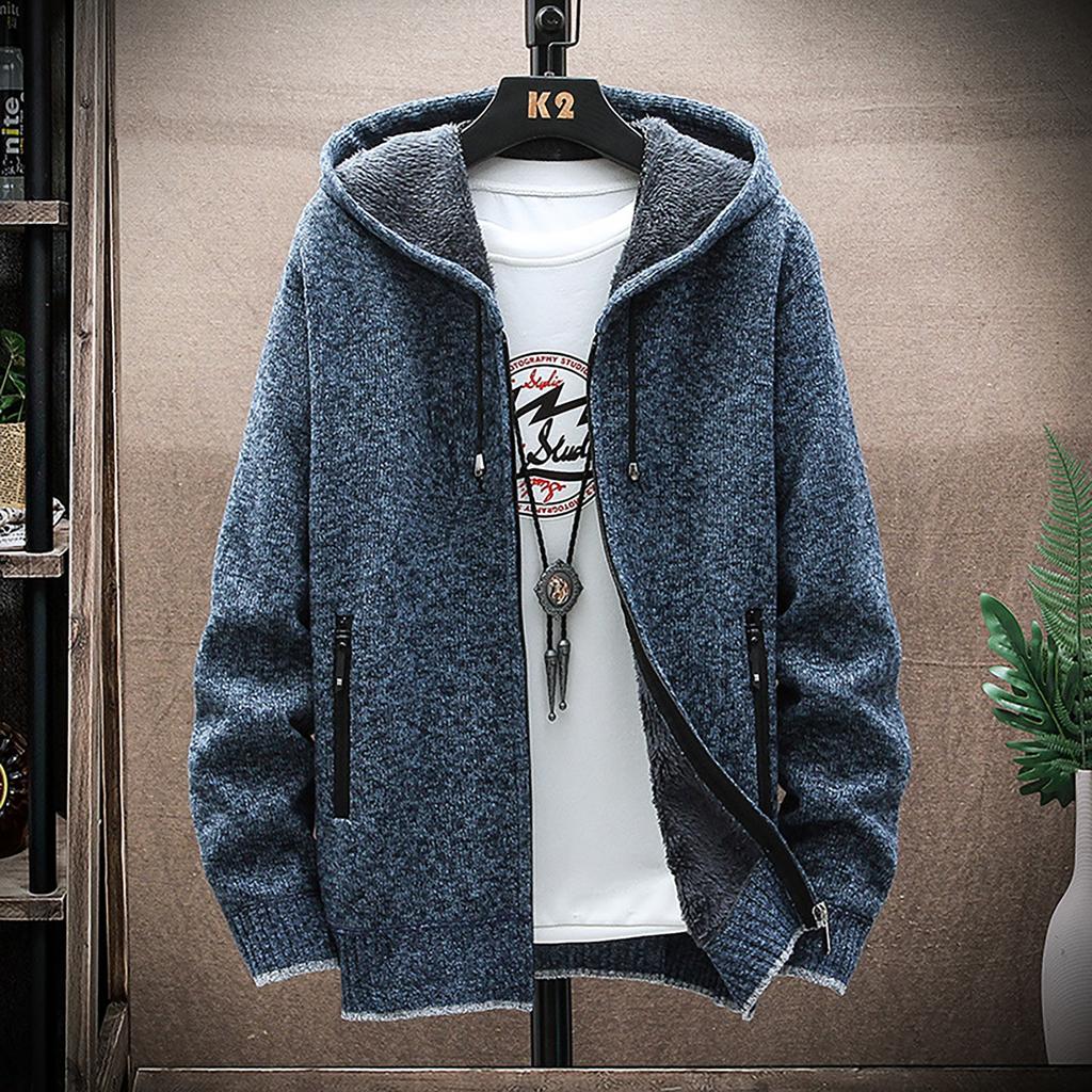 Men's Fall And Winter Casual Sweater Jacket Warm Knit Sweater Hooded Hoodie