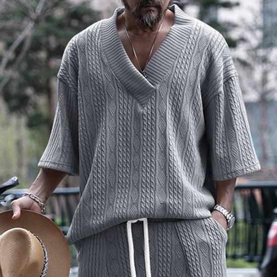 Мужской верх вязаный V-образный вырез с половиной рукавом свободный мешковатый сплошной цвет ретро аппликация эластичный мягкий дышащий средней длины спортивная повседневная футболка мужская футболка