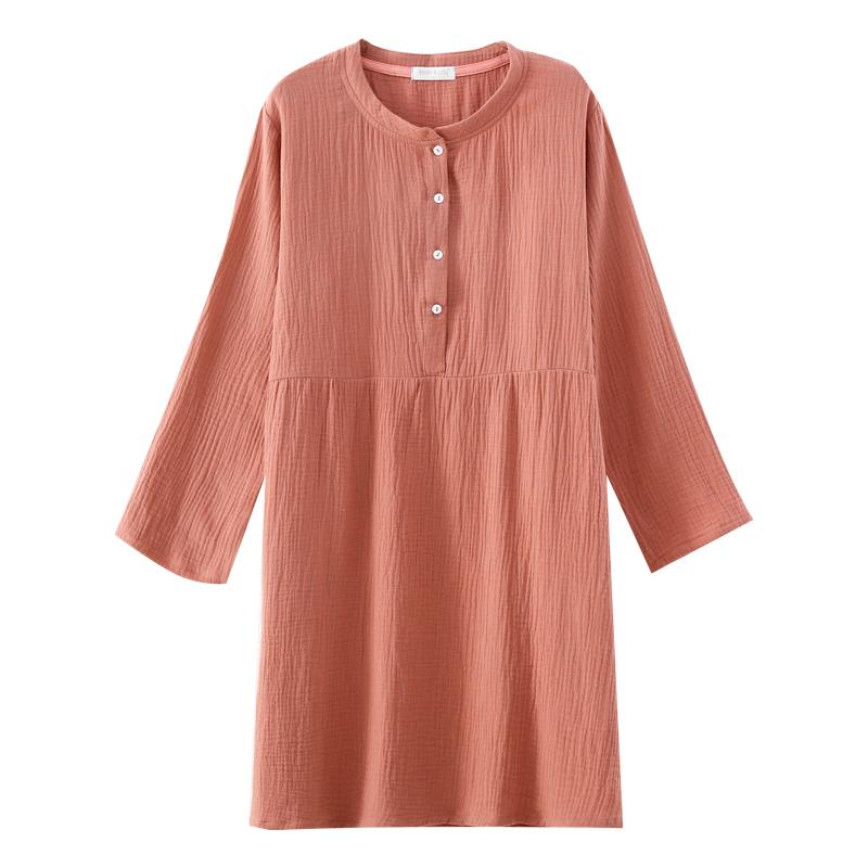 Spring and Autumn Women's Long Sleeve Nightdress 100%Cotton Crepe Round Neck Button Solid Color Dress Home Dress Nightgown Dress