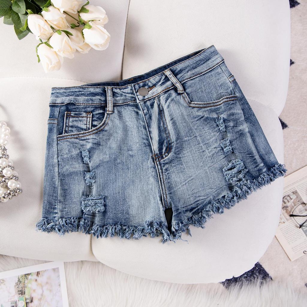 Cross-Border European & American Sexy Casual High-Waisted Plus Size Ripped Denim Shorts for Women