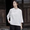2025 Autumn Women's New Cotton-Linen Chinese Style Patchwork Stand Collar Frog Button Shirt