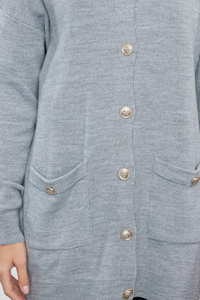 Women's Fashionable Stylish Hijab Cardigan Gray Melange Knitwear Cardigan with Pockets and Button Detail