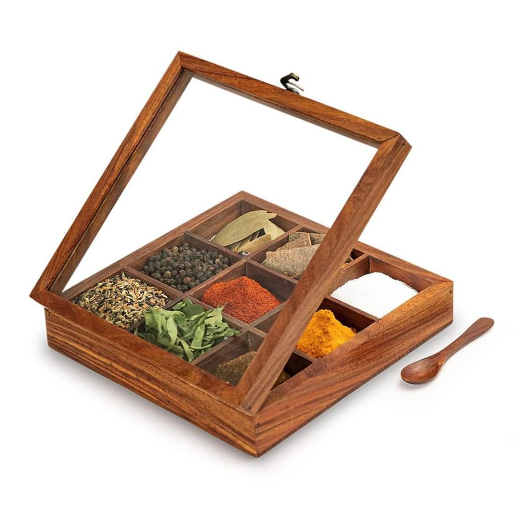 Wooden Table Top Masala Dabba Containers Jars & Kitchen Spice Box with Spoon Masala Box For Kitchen