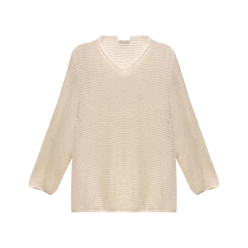 Long Sleeves Hollow Out Sweater Irregular Thin Design Women's Sun Protection Knitted Top V Neck Long Sleeves Loose and Lazy