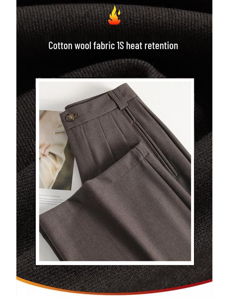 2025 Autumn Women's High Waist Grey Wool Wide-Leg Trousers - Korean Style, Floor-Length, Relaxed Fit