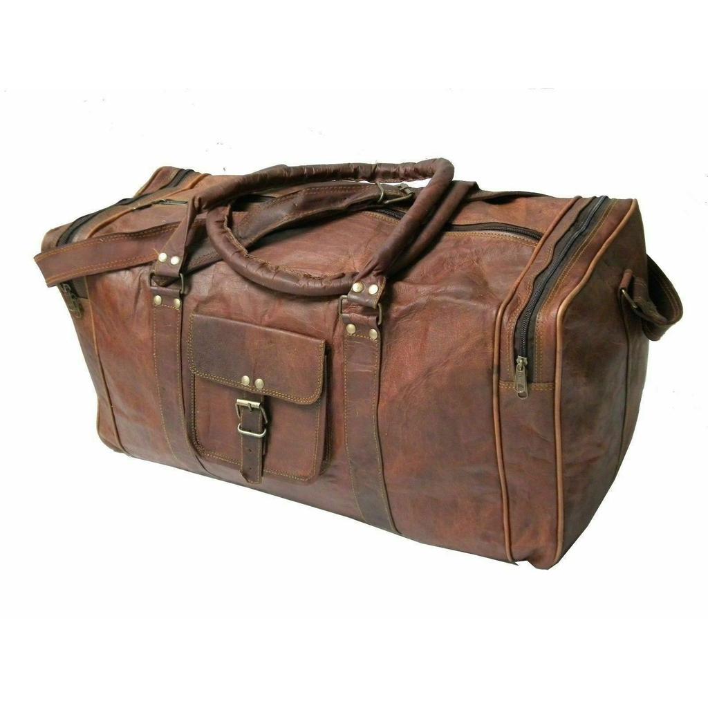 Men's Brown Goat Leather Vintage Genuine Travel Luggage Duffel Gym Bags Tote