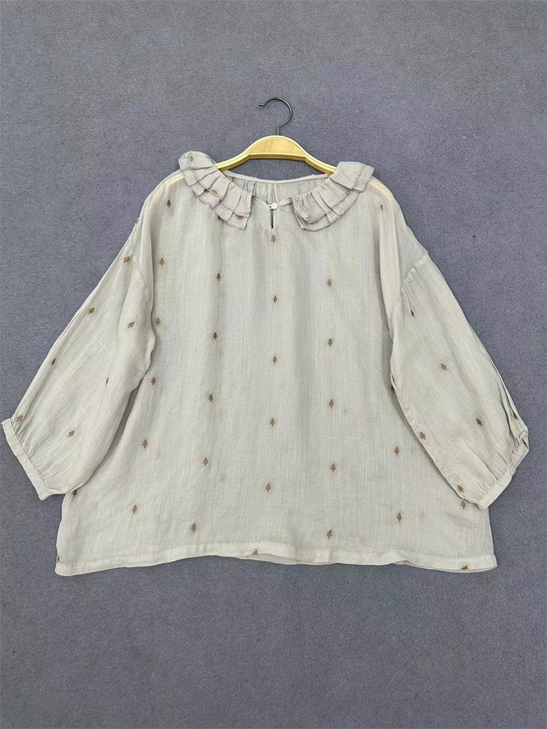 Johnature Summer Embroidered Ruffle Collar Shirts Women Casual Loose Versatile Thin Vintage Tops