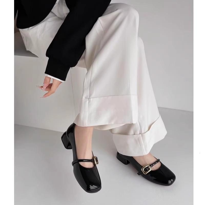 Hot Sale Patent Leather Marry Janes Shoes Women Round Toe Buckle Strap Shallow Mid Thick Heeled Shoe Office Career Pumps