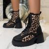 Women's Shoes High Quality Cross Lace Women's Boots Fashion Leopard Print Casual Boots Women's New Round Toe Mid Calf