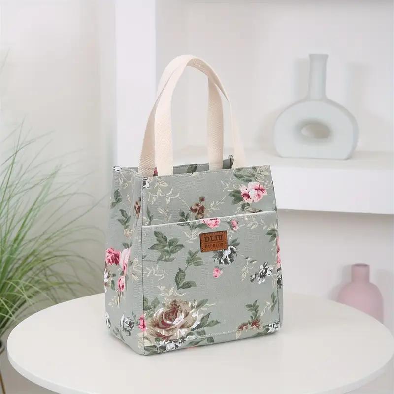 Floral Canvas Tote Bag Large Capacity Lunch Bag for Women Multipurpose Shoulder Handbag KTY