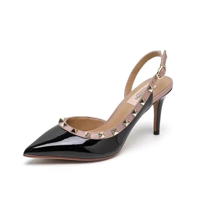 New Women's Classic Solid Color Stiletto Comfort Sandals Brand Designer Fashion Metal Buckle Wedding Party High Heels