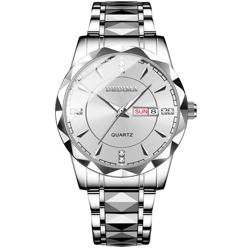 New Trend Men's Watch Men's Waterproof Tungsten Steel Style Calendar Quartz Watch Stainless Steel Date Luminous Blue Clock Business Clock