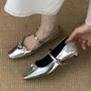 Fashion Silver Flower Embellished Mary Jane Shoes Women Fashion Square Toe Shallow Buckle Designer Shoes Comfortable Office Dress Shoes