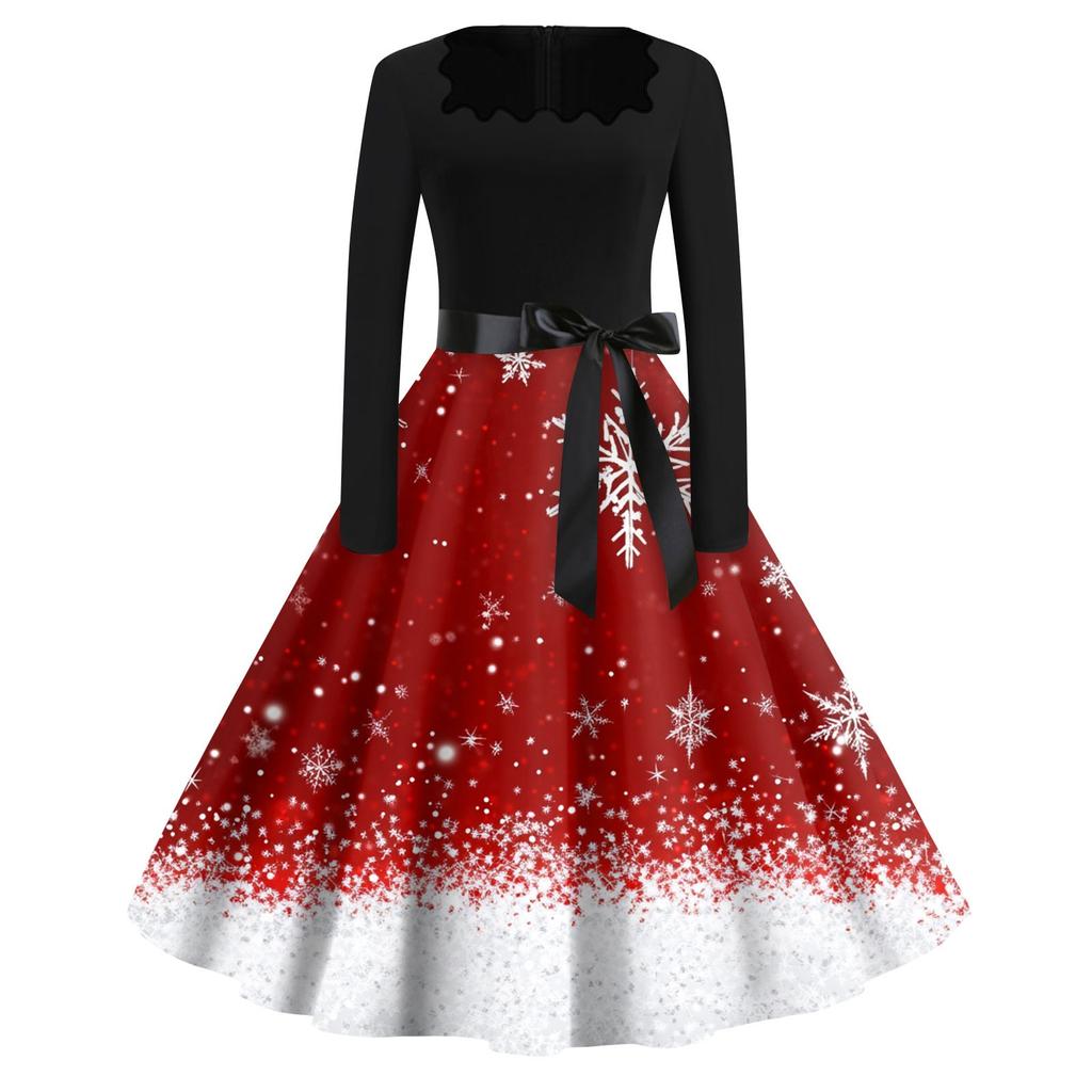 Women's Fashion Round Neck Casual Slim Christmas Printed Long Sleeve Dresses