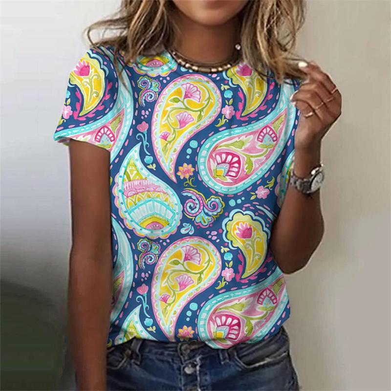 Retro Style 3D Printed T-shirts with Fashionable Round Neck Short Sleeved Top Featuring Ethnic Patterns Women's T-shirts