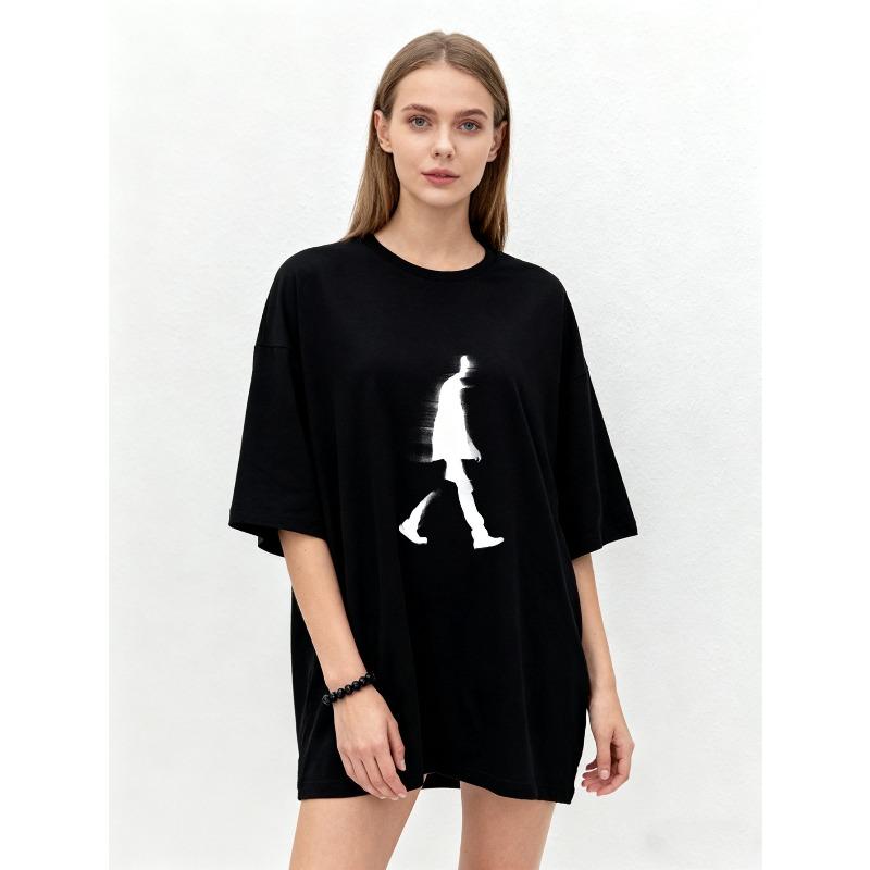 Oversized T-Shirt Black Walking Silhouette Print Casual Streetwear Fashion Top for Women