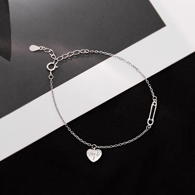 S925 Sterling Silver Gold-plated Simple Heart-shaped Bracelet with Versatile Temperament English Love Pin Extremely Fine Hand Jewelry