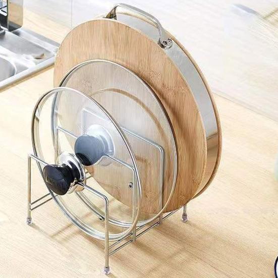 Stainless Steel Pot Lid Holder Modern Heavy Duty Standing Multi-functional Countertop Cutting Board Plate Cutter Storage Rack Organizer Kitchen